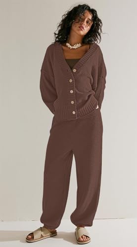 Womens 2 Piece Sweater Matching Sets Fashion Oversized Cardigan and Baggy Long Pants Knitted Outfits Set Sweatsuit Coffee