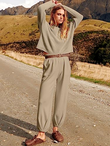 ANRABESS Women's Two Piece Outfits Long Sleeve Knit Top Fall Sweater Set Oversized Pants Tracksuit Lounge Sets Khaki X-Large