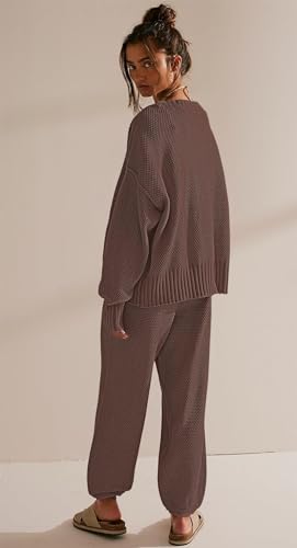 Womens 2 Piece Sweater Matching Sets Fashion Oversized Cardigan and Baggy Long Pants Knitted Outfits Set Sweatsuit Coffee