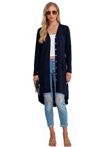 GRECERELLE Women's Open Front Cardigans Button Down Long Sleeve Draped Duster Outerwear with Pockets(Navy Blue, XX-Large)
