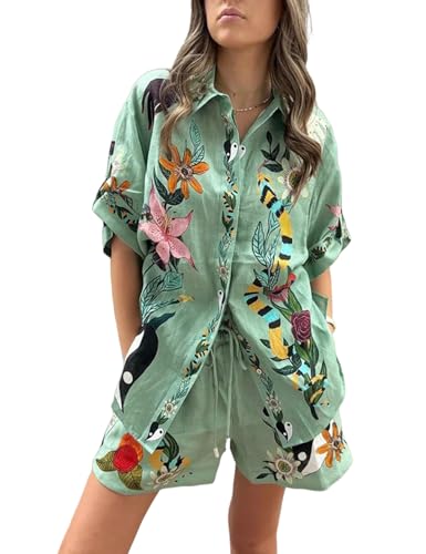 Perbai Women's Boho 2 Piece Linen Outfits Short Sleeve Button Down Shirt Wide Leg Shorts Summer Matching Sets(LightGreen-L)