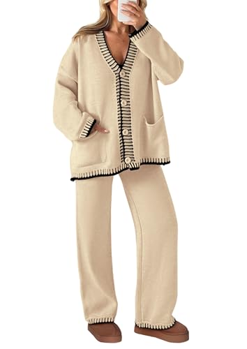 PRETTYGARDEN Women's 2 Piece Outfits Knit Matching Lounge Sets Long Sleeve V Neck Cardigan Sweaters Wide Leg Pants Tracksuits (Beige,Small)