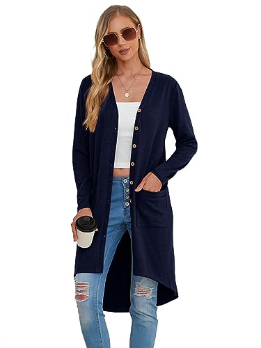 GRECERELLE Women's Open Front Cardigans Button Down Long Sleeve Draped Duster Outerwear with Pockets(Navy Blue, XX-Large)