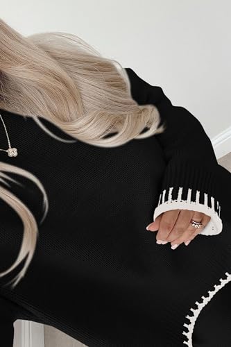 PRETTYGARDEN Women's 2 Piece Knit Sweater Outfit Casual Long Sleeve Pullover Wide Leg Pants Tracksuit Loungewear Set (Black,Medium)