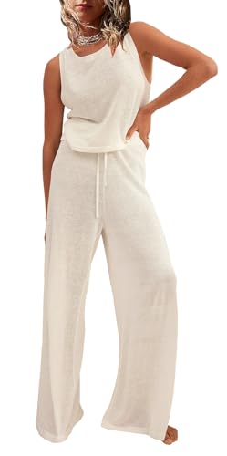 Womens 2 Piece Outfits Sweater Sets Summer Sleeveless Knit Pullover Tops and Wide Leg Pants Tracksuit Lounge Sets White