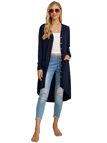 GRECERELLE Women's Open Front Cardigans Button Down Long Sleeve Draped Duster Outerwear with Pockets(Navy Blue, XX-Large)