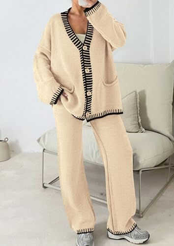 PRETTYGARDEN Women's 2 Piece Outfits Knit Matching Lounge Sets Long Sleeve V Neck Cardigan Sweaters Wide Leg Pants Tracksuits (Beige,Small)