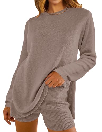NENONA Women's 2024 Casual Two Piece Knit Outfits Long Sleeve Tunic Sweaters Top and Shorts Lounge Sets,Camel,S