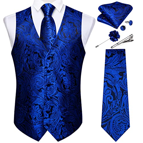 DiBanGu Mens Vest and Tie Set Formal Paisley Waistcoat and Necktie Pocket Square Cufflinks Silk Suit Vest for Tuxedo Wedding, Black and Royal Blue, Large