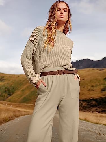 ANRABESS Women's Two Piece Outfits Long Sleeve Knit Top Fall Sweater Set Oversized Pants Tracksuit Lounge Sets Khaki X-Large