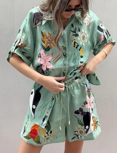 Perbai Women's Boho 2 Piece Linen Outfits Short Sleeve Button Down Shirt Wide Leg Shorts Summer Matching Sets(LightGreen-L)