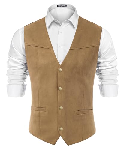 PJ PAUL JONES Men's Suede Leather Suit Vests Slim Fit V-Neck Western Cowboy Vest Sleeveless Formal Vest Waistcoat for Wedding