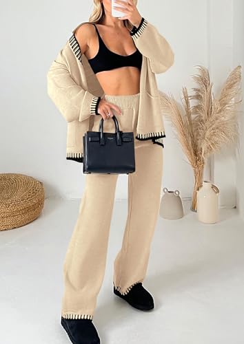 PRETTYGARDEN Women's 2 Piece Outfits Knit Matching Lounge Sets Long Sleeve V Neck Cardigan Sweaters Wide Leg Pants Tracksuits (Beige,Small)