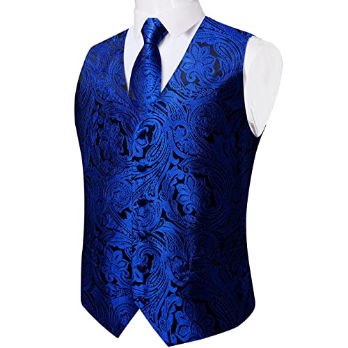 DiBanGu Mens Vest and Tie Set Formal Paisley Waistcoat and Necktie Pocket Square Cufflinks Silk Suit Vest for Tuxedo Wedding, Black and Royal Blue, Large