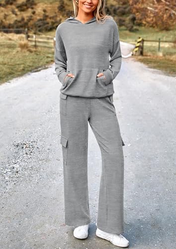 PRETTYGARDEN Women's 2 Piece Lounge Sets 2024 Fall Knitted Hoodie Pullover Tops Cargo Pants Matching Outfits Tracksuits (Grey,Medium)