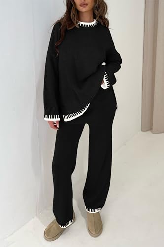 PRETTYGARDEN Women's 2 Piece Knit Sweater Outfit Casual Long Sleeve Pullover Wide Leg Pants Tracksuit Loungewear Set (Black,Medium)
