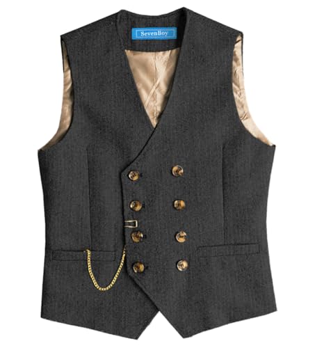 SevenBoy Men's Tweed Dress Vest Double Breasted Wool Suit Vest Vintage Waistcoat For Wedding(Black,L)