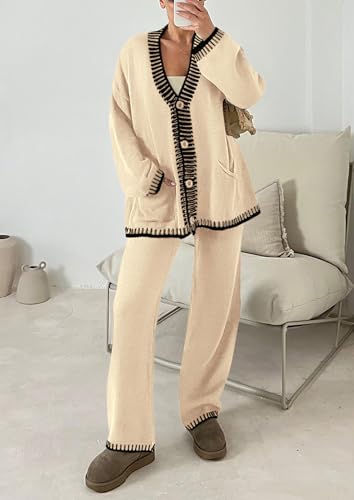 PRETTYGARDEN Women's 2 Piece Outfits Knit Matching Lounge Sets Long Sleeve V Neck Cardigan Sweaters Wide Leg Pants Tracksuits (Beige,Small)