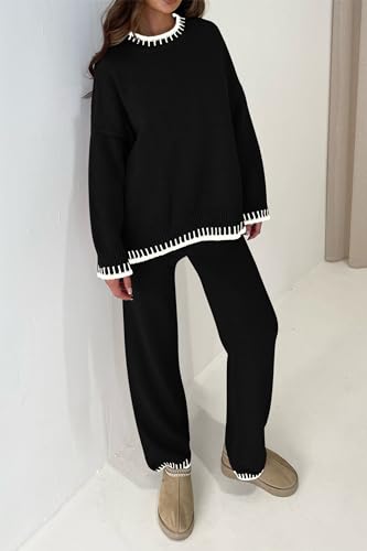 PRETTYGARDEN Women's 2 Piece Knit Sweater Outfit Casual Long Sleeve Pullover Wide Leg Pants Tracksuit Loungewear Set (Black,Medium)