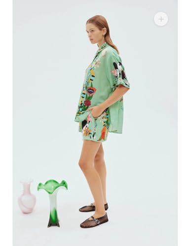 Perbai Women's Boho 2 Piece Linen Outfits Short Sleeve Button Down Shirt Wide Leg Shorts Summer Matching Sets(LightGreen-L)