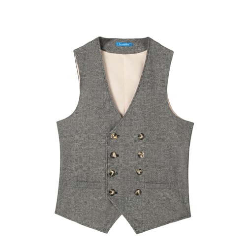 SevenBoy Men's Tweed Dress Vest Double Breasted Wool Suit Vest Vintage Waistcoat For Wedding(Black,L)