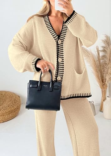 PRETTYGARDEN Women's 2 Piece Outfits Knit Matching Lounge Sets Long Sleeve V Neck Cardigan Sweaters Wide Leg Pants Tracksuits (Beige,Small)