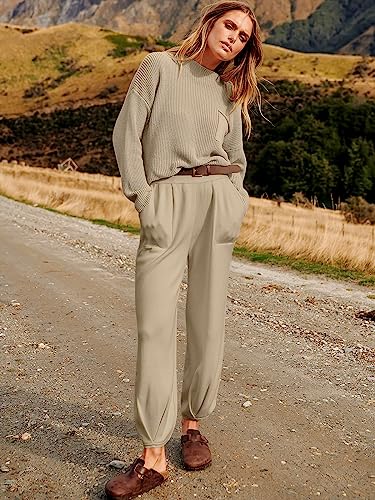 ANRABESS Women's Two Piece Outfits Long Sleeve Knit Top Fall Sweater Set Oversized Pants Tracksuit Lounge Sets Khaki X-Large