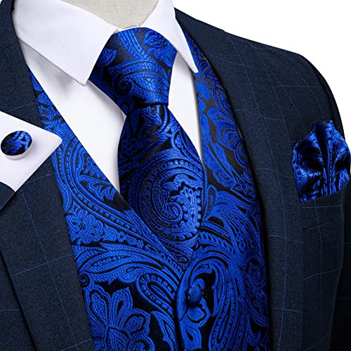 DiBanGu Mens Vest and Tie Set Formal Paisley Waistcoat and Necktie Pocket Square Cufflinks Silk Suit Vest for Tuxedo Wedding, Black and Royal Blue, Large