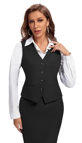 Foucome Women's Formal Regular Fitted Business Dress Suits Button Down Vest Waistcoat Black S