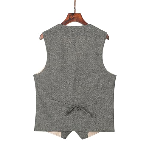 SevenBoy Men's Tweed Dress Vest Double Breasted Wool Suit Vest Vintage Waistcoat For Wedding(Black,L)