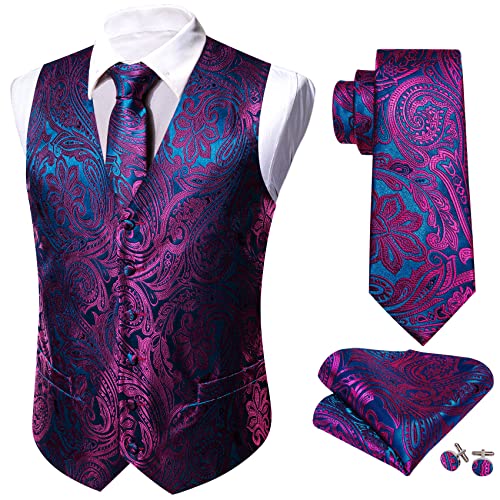 Barry.Wang Men Purple Blue Paisley Dress Vest Matched Tie Set Suit Waistcoat Formal Wedding 5PCS