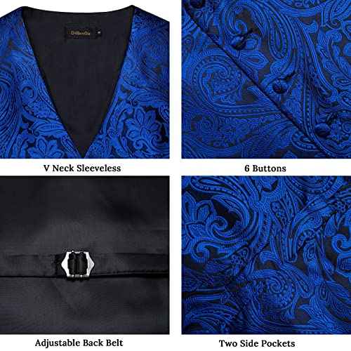 DiBanGu Mens Vest and Tie Set Formal Paisley Waistcoat and Necktie Pocket Square Cufflinks Silk Suit Vest for Tuxedo Wedding, Black and Royal Blue, Large