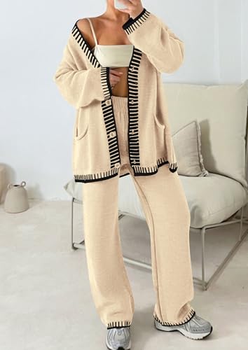 PRETTYGARDEN Women's 2 Piece Outfits Knit Matching Lounge Sets Long Sleeve V Neck Cardigan Sweaters Wide Leg Pants Tracksuits (Beige,Small)