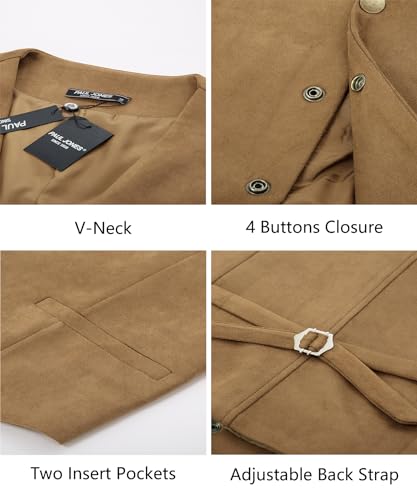 PJ PAUL JONES Men's Suede Leather Suit Vests Slim Fit V-Neck Western Cowboy Vest Sleeveless Formal Vest Waistcoat for Wedding
