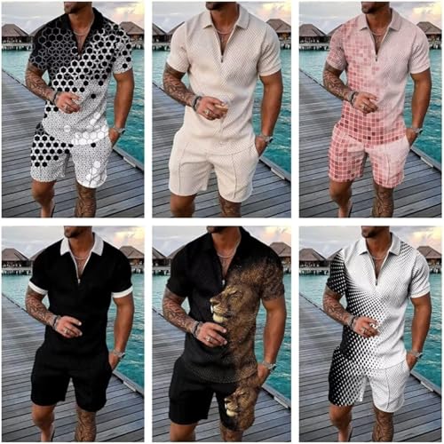 Mens Short Sets 2 Piece Outfits Short Sleeve Zipper Polo Shirts and Shorts Sets Classic Gym Workout Summer Tracksuits (B12,XXL)