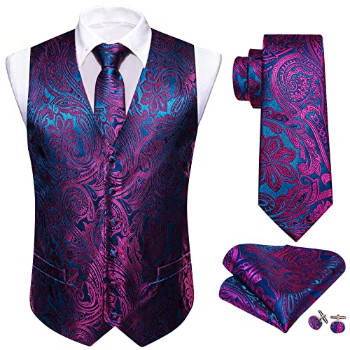 Barry.Wang Men Purple Blue Paisley Dress Vest Matched Tie Set Suit Waistcoat Formal Wedding 5PCS