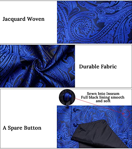 DiBanGu Mens Vest and Tie Set Formal Paisley Waistcoat and Necktie Pocket Square Cufflinks Silk Suit Vest for Tuxedo Wedding, Black and Royal Blue, Large