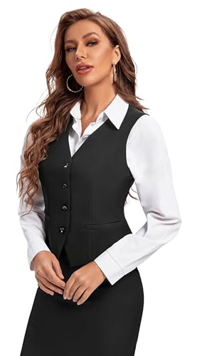 Foucome Women's Formal Regular Fitted Business Dress Suits Button Down Vest Waistcoat Black S