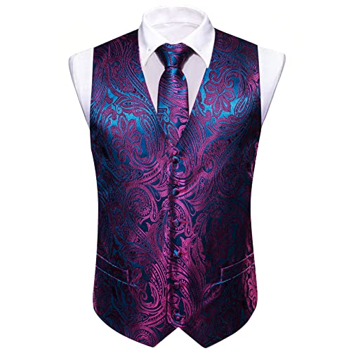 Barry.Wang Men Purple Blue Paisley Dress Vest Matched Tie Set Suit Waistcoat Formal Wedding 5PCS