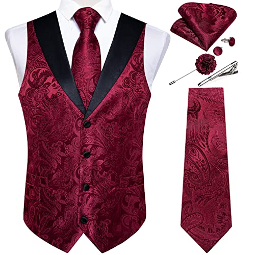 DiBanGu Mens Paisley Suit Vest Silk Jacquard Waistcoat and Necktie Set Formal Shawl Collar Dress Vest 7PCS for Wedding Party, Burgundy, Large