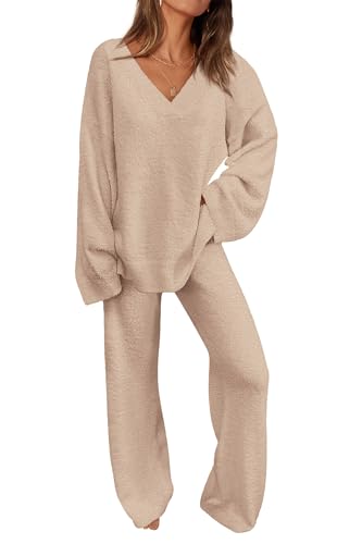 PRETTYGARDEN Women's 2 Piece Pullover Sweater Set Oversized V Neck Top Wide Leg Pants Fall Winter Fuzzy Lounge Outfit (Khaki,Small)