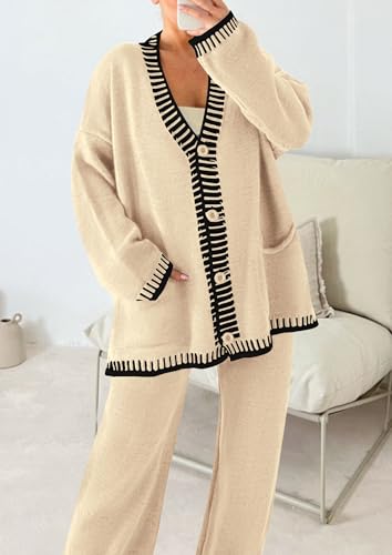 PRETTYGARDEN Women's 2 Piece Outfits Knit Matching Lounge Sets Long Sleeve V Neck Cardigan Sweaters Wide Leg Pants Tracksuits (Beige,Small)