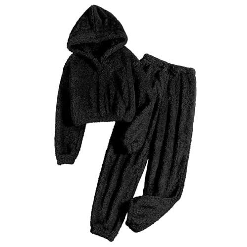 J-630 Black Womens Outerwear Sets Pants Hoods Coats Matching Pajamas Sleepshirts Sets for Women Fleece Lined Sherpa Brunch Thermal Fuzzy 2 Piece with Hood Outerwear Sets YC 3XL