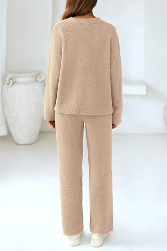 PRETTYGARDEN Women's 2 Piece Pullover Sweater Set Oversized V Neck Top Wide Leg Pants Fall Winter Fuzzy Lounge Outfit (Khaki,Small)