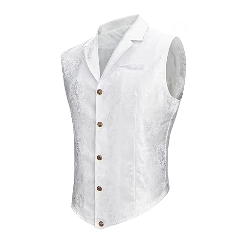 American Trends Men's Suit Vest Victorian Suit Steampunk Waistcoat Gothic Tuxedo Suit Vests V-Neck Business Dress Formal Vest Wedding Party White L