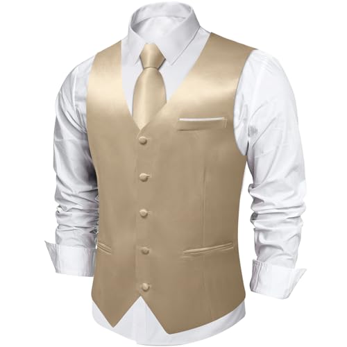 DiBanGu Champagne Vest for Men Casual Men's Suit Vest Business Formal Dress Waistcoat Vest Mens Satin Suit Vest for Suit Tuxedo