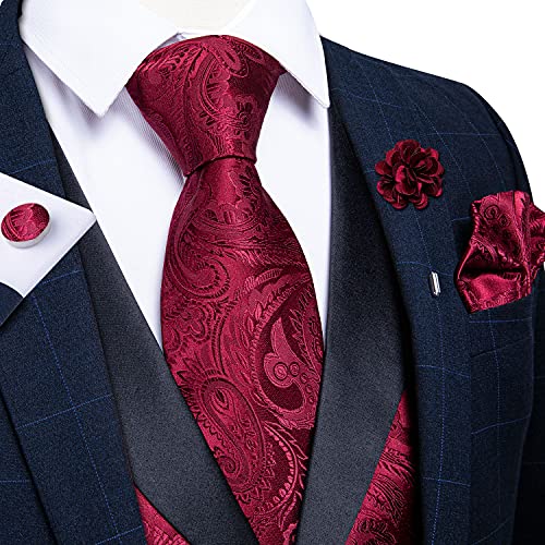 DiBanGu Mens Paisley Suit Vest Silk Jacquard Waistcoat and Necktie Set Formal Shawl Collar Dress Vest 7PCS for Wedding Party, Burgundy, Large