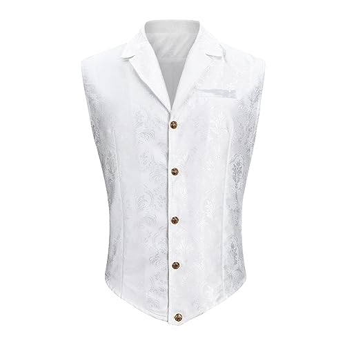 American Trends Men's Suit Vest Victorian Suit Steampunk Waistcoat Gothic Tuxedo Suit Vests V-Neck Business Dress Formal Vest Wedding Party White L