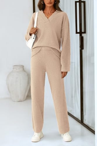 PRETTYGARDEN Women's 2 Piece Pullover Sweater Set Oversized V Neck Top Wide Leg Pants Fall Winter Fuzzy Lounge Outfit (Khaki,Small)