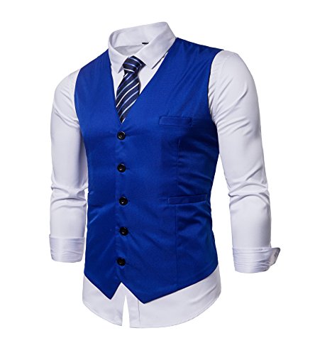 DONSON Mens Business Suit Dress Vests Slim Fit Formal Tuxedo Vest with Blue Striped Necktie, X-Large